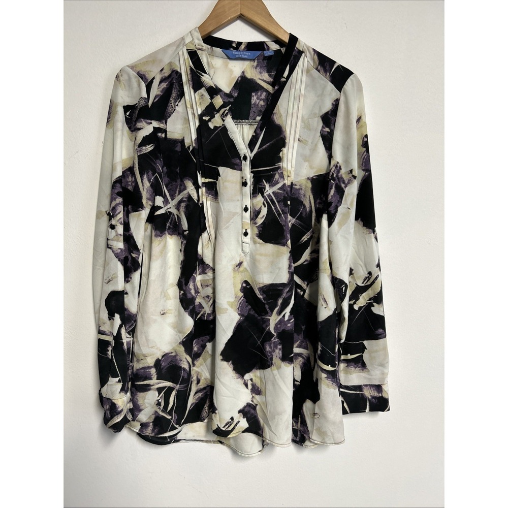 SIMPLY VERA VERA WANG Women's Large Blouse Pin‎ Tuck 1/4 Button Roll Tab Artsy